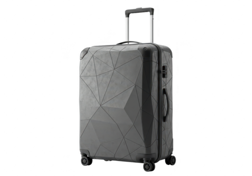 Photo of a gray geometric patterned suitcase stands ready for travel isolated on transparent background, suggesting a modern and stylish way to transport belongings