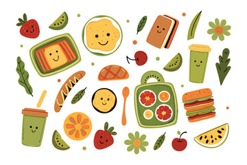 Cheerful Breakfast Assortment: A vibrant array of breakfast foods, each smiling and inviting, forming an appealing visual feast. Perfect for breakfast lovers, promoting healthy eating