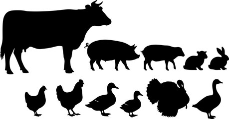 Silhouette Vector of Farm Animals Collection on White Background