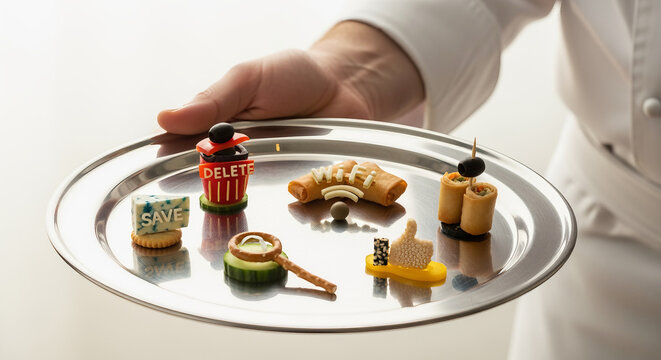 Creative chef presents digital concept appetizers on silver platter for social media marketing or online technology blog promotion, gourmet style