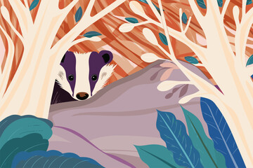 Uroczy, nieśmiały borsuk wychodzący z nory w lesie. Ilustracja symbolizująca ciekawość i piękno dzikiej natury.
