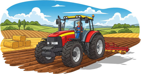 Farmer Driving Tractor on Farmland – Agricultural Scene Illustration © yayan