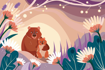 Bajkowa ilustracja matki niedźwiedzicy z dzieckiem. Scena symbolizująca miłość, opiekę i więź rodzinną.
