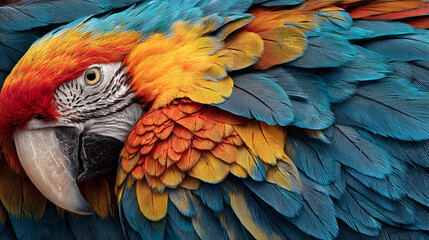 Closeup of a Vibrant Macaw Parrot with Blue Orange and Red Feathers