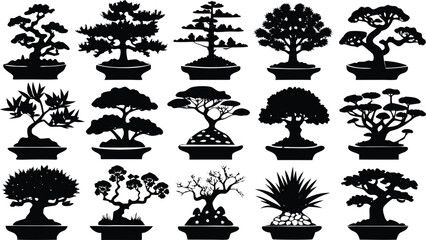 Collection of diverse bonsai tree silhouettes in pots