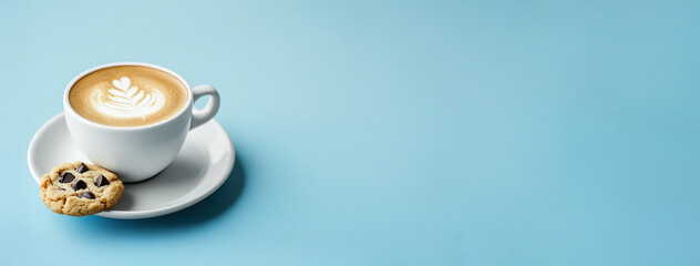 Coffee latte in white cup on saucer with chocolate chip cookie on blue background. Morning break with hot beverage and sweet snack. Minimal modern style cafe food concept.