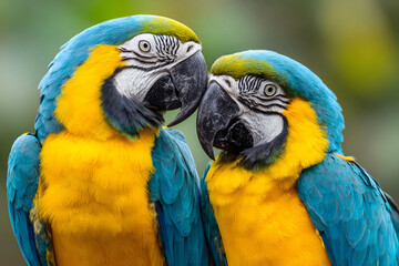 Closeup of Two Blue and Yellow Macaws Together