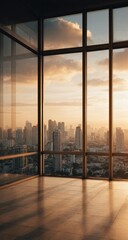 Fototapeta premium Empty room with panoramic city view at sunset through large windows