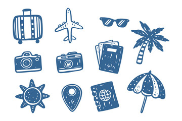 Travel Icons: A collection of hand-drawn travel icons, showcasing the essentials for a memorable journey. From a suitcase to an umbrella.