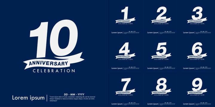 Set of 1st-10th years anniversary celebration emblem. white anniversary logo isolated with ribbon on blue background. vector illustration template design for web banner
