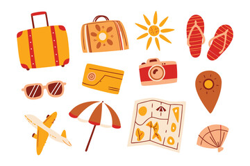 Travel Essentials Collection: Explore a vibrant ensemble of travel essentials, meticulously illustrated to ignite wanderlust, encompassing the allure of adventure and the freedom of the open road.