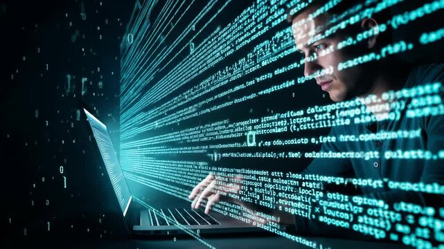Programmer at work on computer with streaming code, focused on lines of software development. Programmer writing code on laptop with glowing interface, immersed in the programming process.