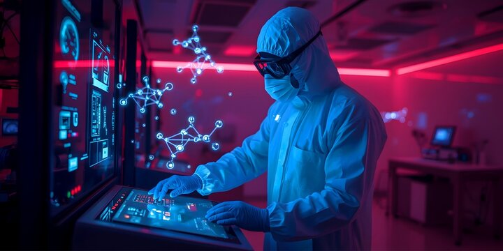 Futuristic Gloved Scientist Operating High Tech Equipment in Modern Laboratory
