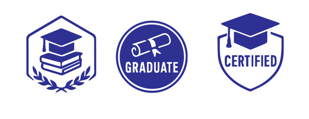 Colored Vector Set of Graduation and Course Completion Badges in Modern Shield, Starburst, Ribbon-Based, and Hexagonal Styles, Editable Formats: AI, EPS, JPG, PNG, Ideal for Both Digital and Print Use
