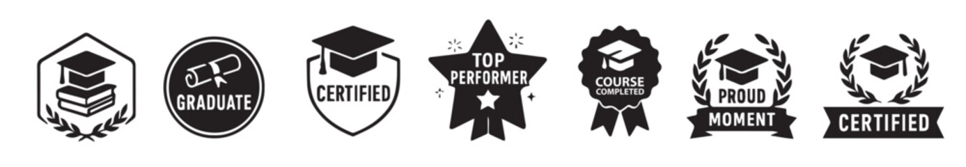 Black Vector Set of Graduation and Course Completion Badges, Featuring Shield, Starburst, Ribbon-Based, and Hexagonal Designs, Editable Formats: AI, EPS, JPG, PNG, Ideal for Both Digital and Print Use