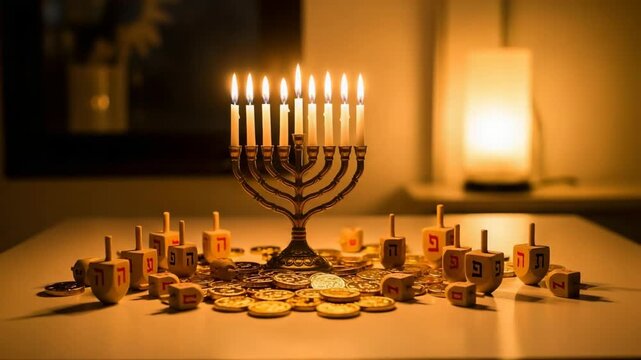 Lit Hanukkah menorah surrounded by dreidels and chocolate coins shines. Hanukkah celebration showcases the traditional menorah, dreidel game pieces, and gelt for children during Hanukkah.