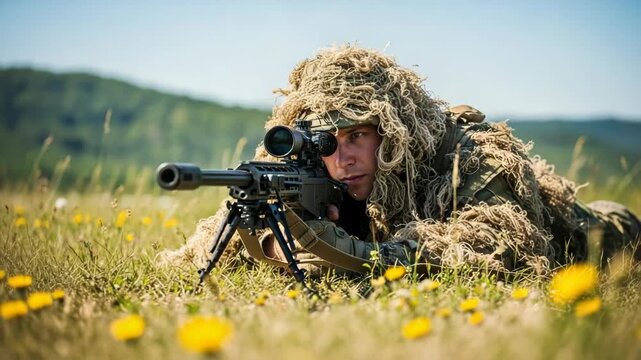Sniper in action, camouflaged in field with rifle and optical sight. Focused sniper provides security and strategic support in training and drills. Use sniper for military and tactical simulations.