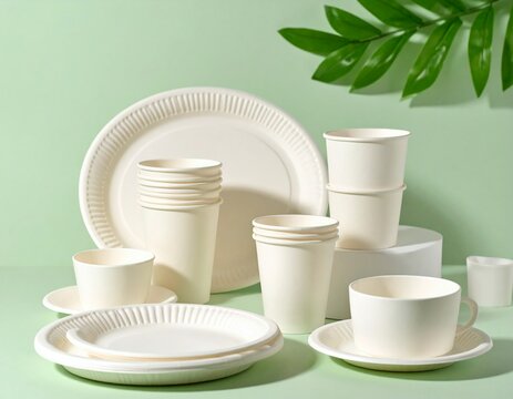 Eco-friendly sugarcane bagasse disposable tableware on green background