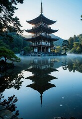 Obraz premium A serene pagoda stands gracefully on a tranquil lake, its reflection mirroring the surrounding trees and mountains in a peaceful, reflective scene