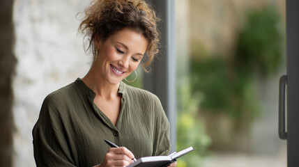 A woman checking her planner in warm sunlight
