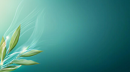 Elegant Teal Background with Leaf Accents and Abstract Lines for Design
