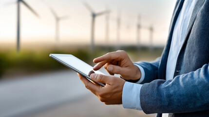 Professional analyzing wind turbine data with tablet in calm light