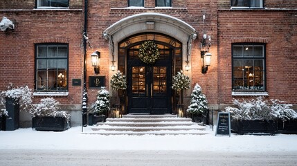 Luxurious hotel lobby glowing with holiday lights and warm elegant Christmas decor