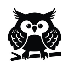 Naklejka premium Stylized cartoon owl with big eyes on branch, solid black vector
