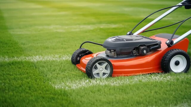 A neatly mowed green lawn with a lawnmower resting on it, set against a softly blurred background of a well-groomed garden.
