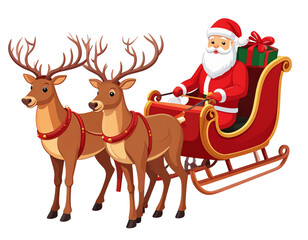 Fototapeta premium Santa with sleigh and reindeer, cartoon style vector, transparent background