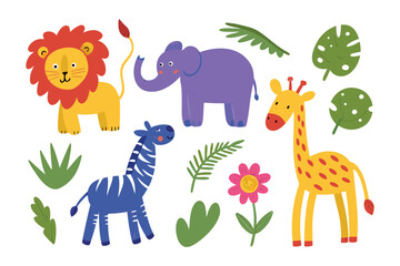 Cute Animals Cartoon Illustration: A charming and colorful illustration of adorable jungle animals, perfect for children's designs and educational materials, radiating joy and playfulness.