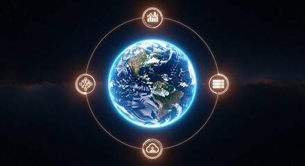 A digital network connects around the world in space.