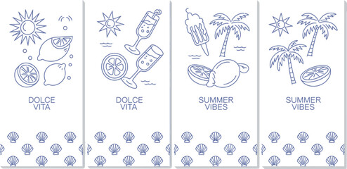 Four summer themed designs with lemons, palms, seashells, and summer vibes