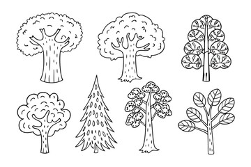 Line Art Trees in Variety: A collection of seven unique line art trees, showcasing their diversity. Featuring varied trunk types, leaf patterns, and branching structures