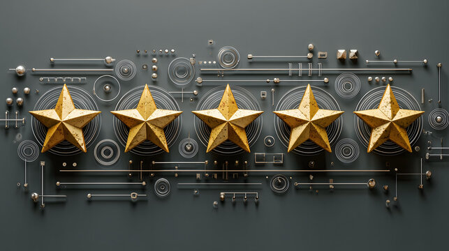 Five Golden Stars Adorn a Futuristic Metallic Grey Landscape with Geometric Shapes and Ornate Details