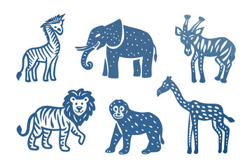African Wildlife Illustration: A captivating illustration of iconic African wildlife, featuring detailed depictions of animals such as the zebra, elephant, giraffe, lion, monkey, and the safari.