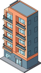 Modern apartment building vector with balconies and large windows in isometric style urban residential architecture design
