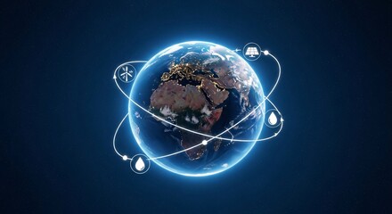 Earth globe surrounded by renewable energy icons in space.