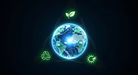 Earth with green leaf, recycle, and sun icons representing environmental sustainability.