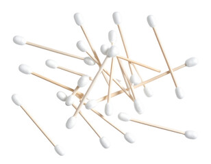 Scattered Cotton Buds with Shadow Play on White Surface, isolated on transparent background 