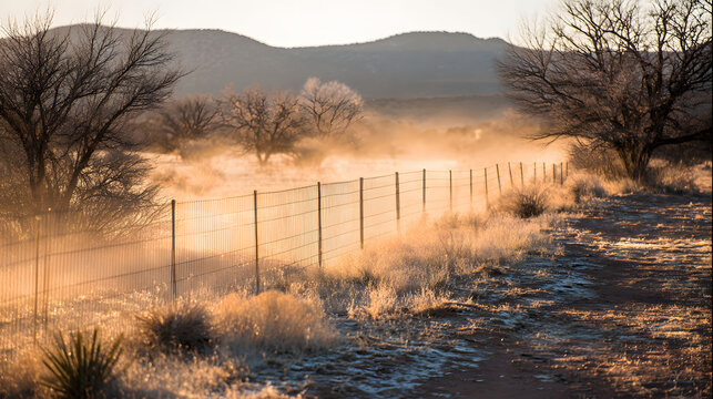 Golden Sunrise Dust Over a Rural Fence and Frosty Desert Landscape