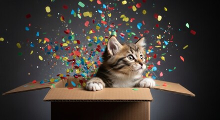 A surprising burst of confetti reveals a playful cute cat peeking from a cardboard box in a studio.