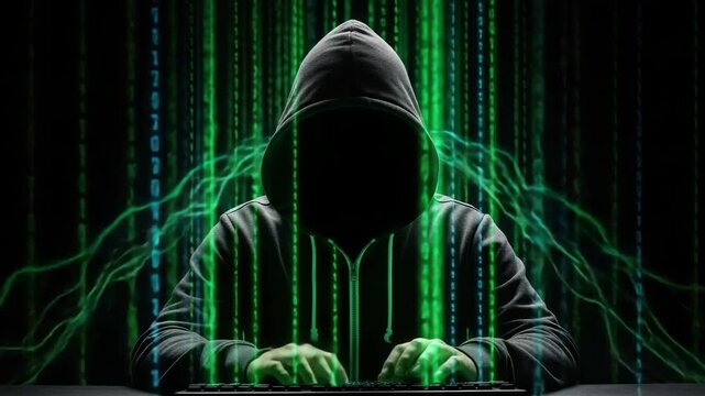 Anonymous hacker typing on keyboard with binary code streams illustrates cyber security. This hacker image displays digital threats and data breaches.