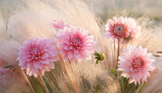 delicate beauty pink dahlias amid fuzzy plume grass - Powered by Adobe