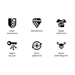 Cyber security, Diamond, Digital clothes, Digital key, Driver update, Drone technology, icon