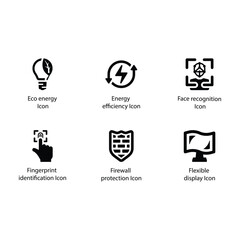 Eco energy, Energy efficiency, Face recognition, Fingerprint, Firewall protection, Flexible display, icon
