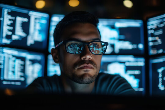 A Latin man with glasses surrounded by monitors with programming codes