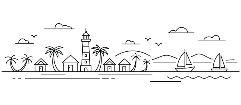 Minimalist Tropical Beach Village with Lighthouse and Sailboats Keywords: beach, village