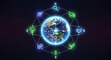 Global technology network depicted with icons around the world in space.