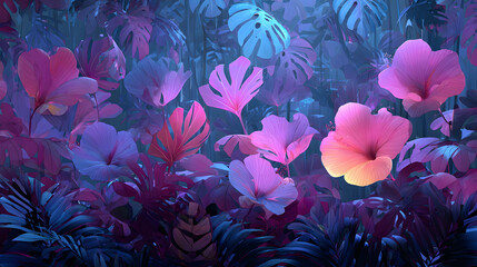 Luminous Tropical Night Scene Pink And Purple Flowers Glowing In Dark Blue Forest